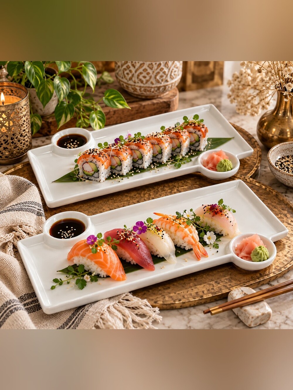 American Metalcrafters Porcelain Sushi Plates Set of 2 White Serving Trays